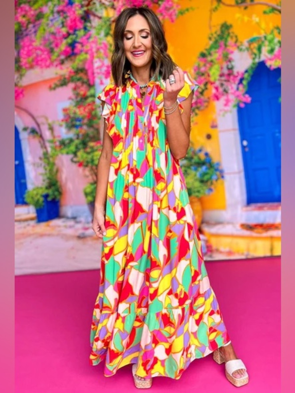 Vibrant Multicolor Abstract Maxi Dress with Flutter Sleeves